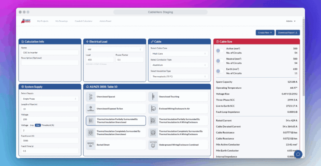 Cable size calculator AS/NZS 3008. We offer cable size calculator, voltage drop calculator, conduit size calculator, circuit breaker sizing, and more. CableHero-Staging-3-1024x530 About Us  