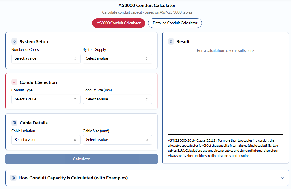 AS3000 Conduit Calculator