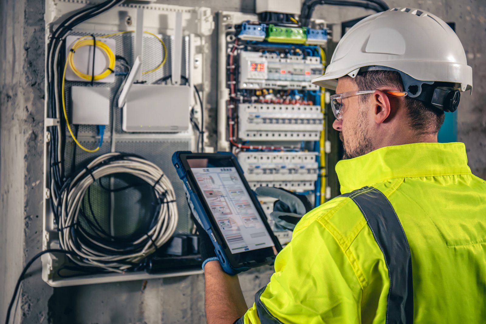 A professional reviewing the accuracy of a report on a tablet for certification and tendering documentation