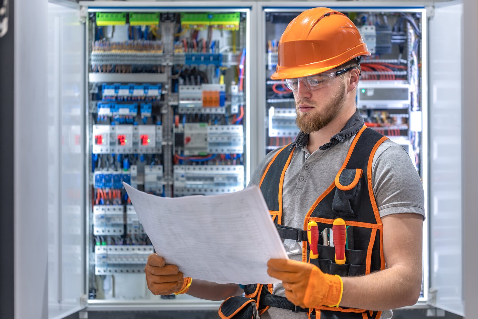 A male electrician reviewing wiring plans